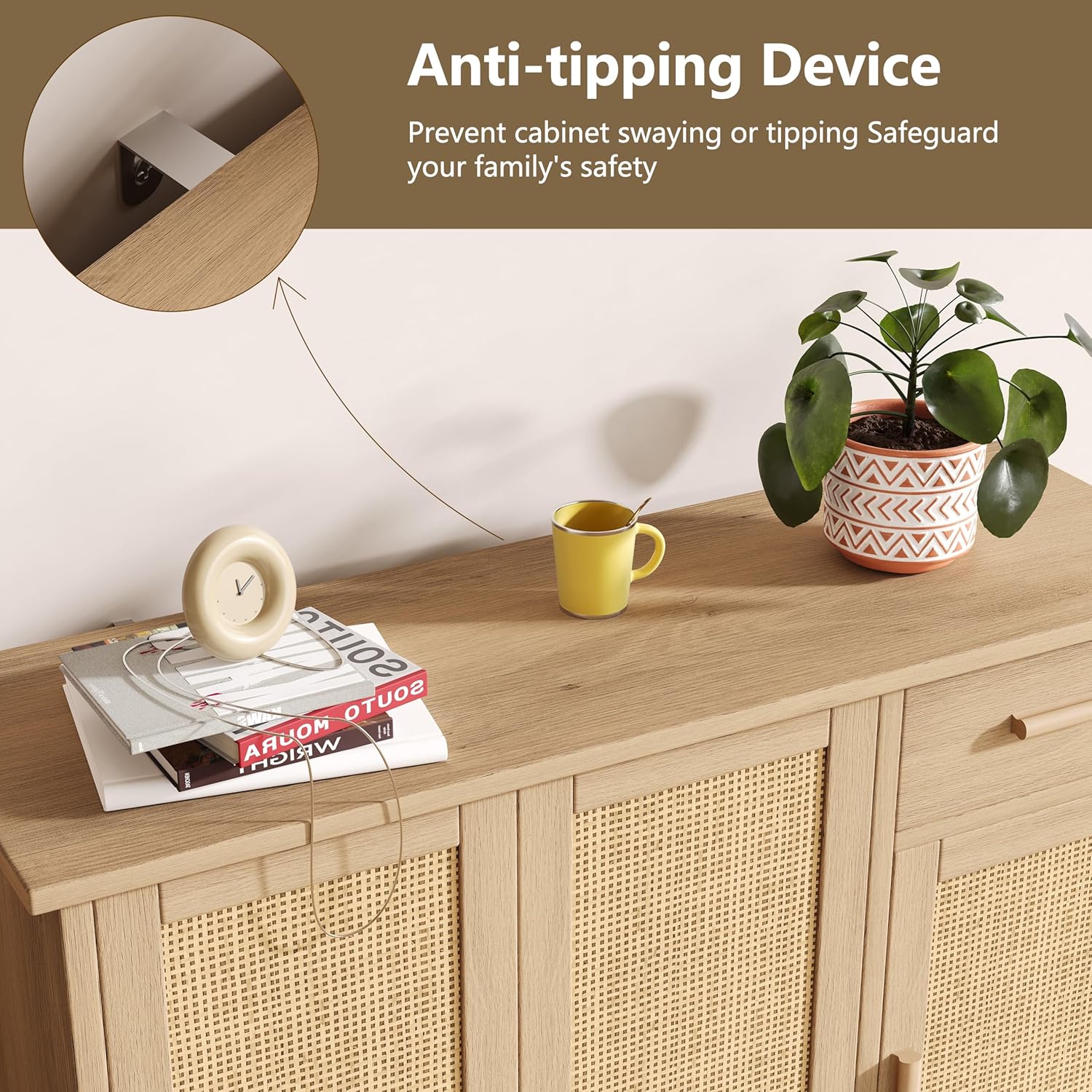 Buffet Cabinet with Storage, Rattan Storage Cabinet with 3 Doors & Drawer, Accent Kitchen Sideboard with Adjustable Shelves, Coffee Bar Cabinet for Living Room, Entryway, Natural Oak