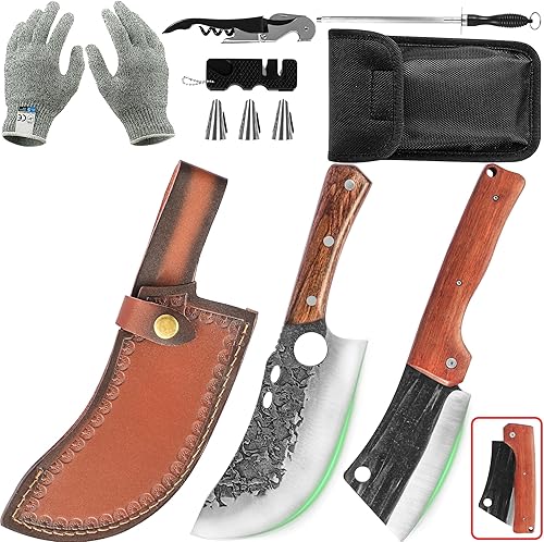 FULLHI Juego de cuchillos de carnicero y cuchillos de chef plegables, de acero de alto carbono, forjado, portátil, juego de cuchillos de cocina para