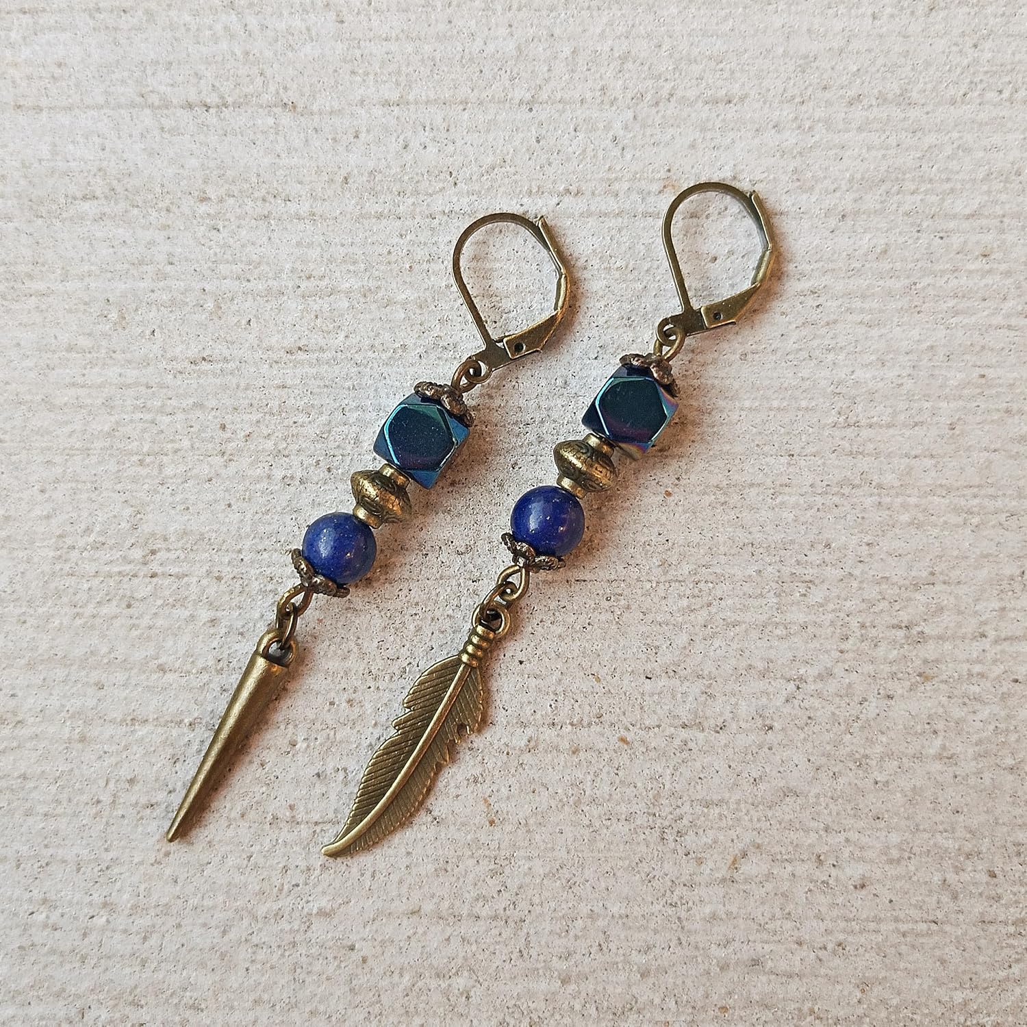 Bronze Feather and Spike Men Earrings with Lapiz lazuli and Hematite beads Set of Two - Native American Indian Bronze Single Lever back Earrings