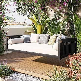 Porch Daybed Swing Outdoor Wooden Swing Bench, Patio Hanging Chair Swinging Bed for Garden, Backyard, Deck, Black