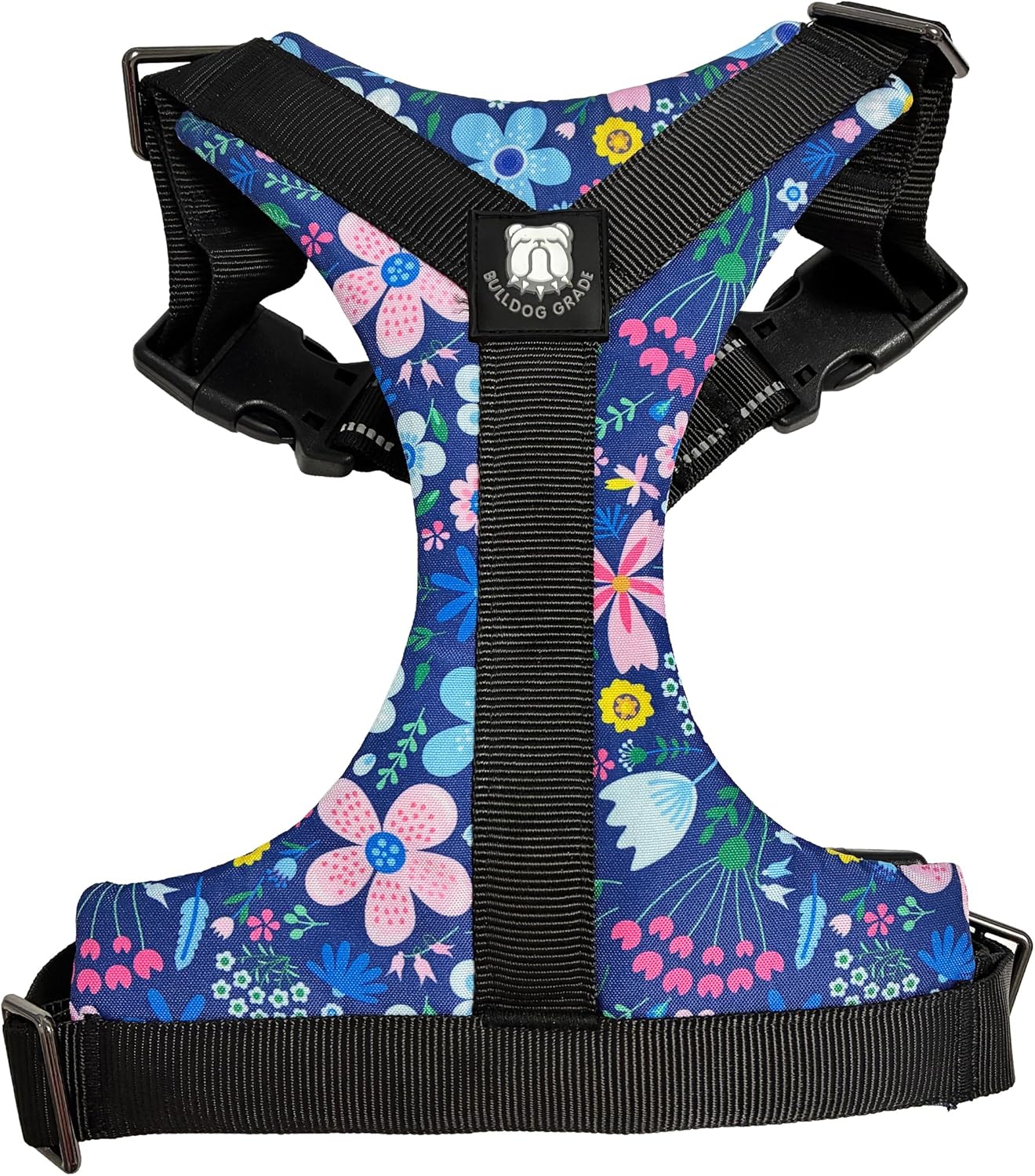 No-Pull Harness for English & French Bulldogs - Adjustable Wide-Chest Fit, Reflective Vest with Control Handle (Frisky Flowers, Large)