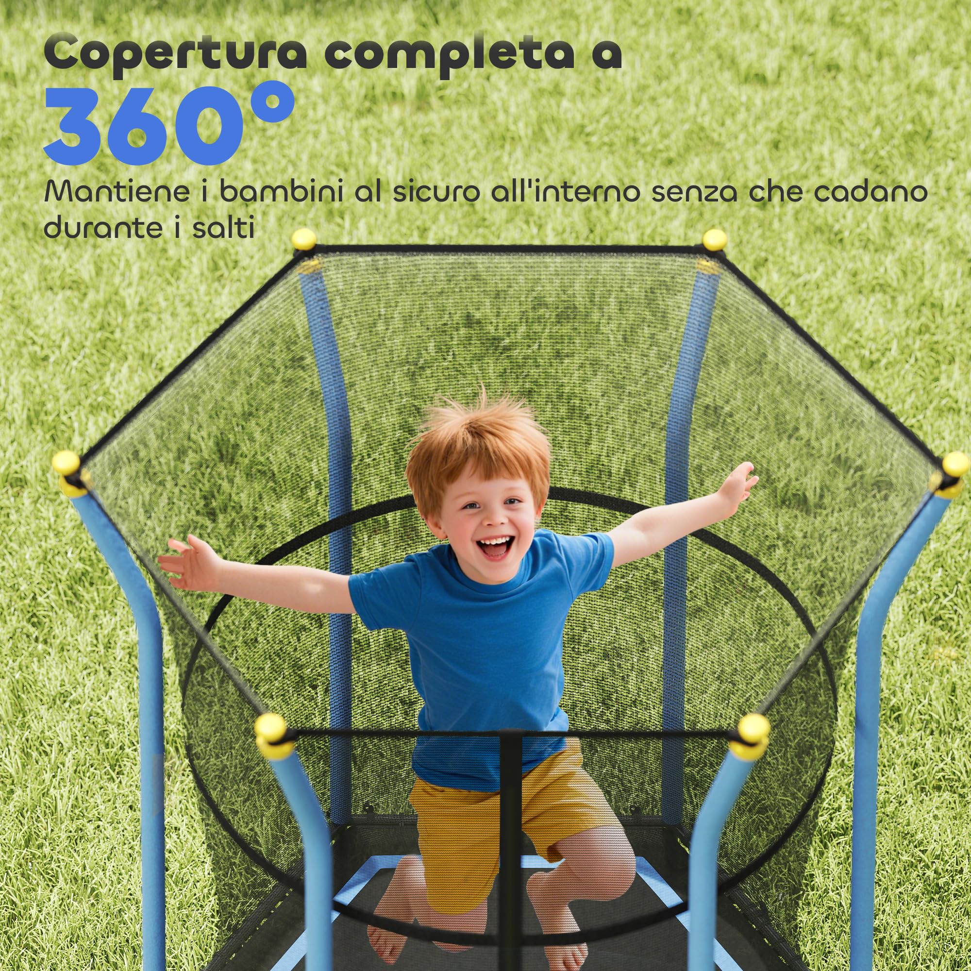 HOMCOM Trampolino Elastico per Bambini 3-10 Anni con Ingresso a Cerniera e Pali Imbottiti, Tappeto Elastico in Acciaio, PP e EPE, Ø163.5x163.5/190 cm