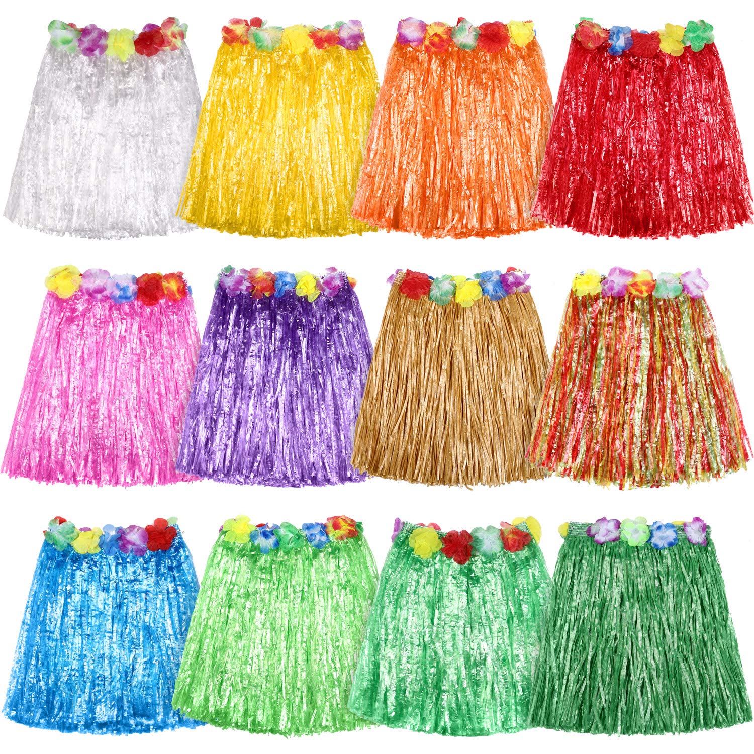 ShappyShappy 12 Pieces Hawaiian Luau Hibiscus Green Silk Faux Flowers Hula Grass Skirt for Costume Party, Birthdays, Celebration(Muti)