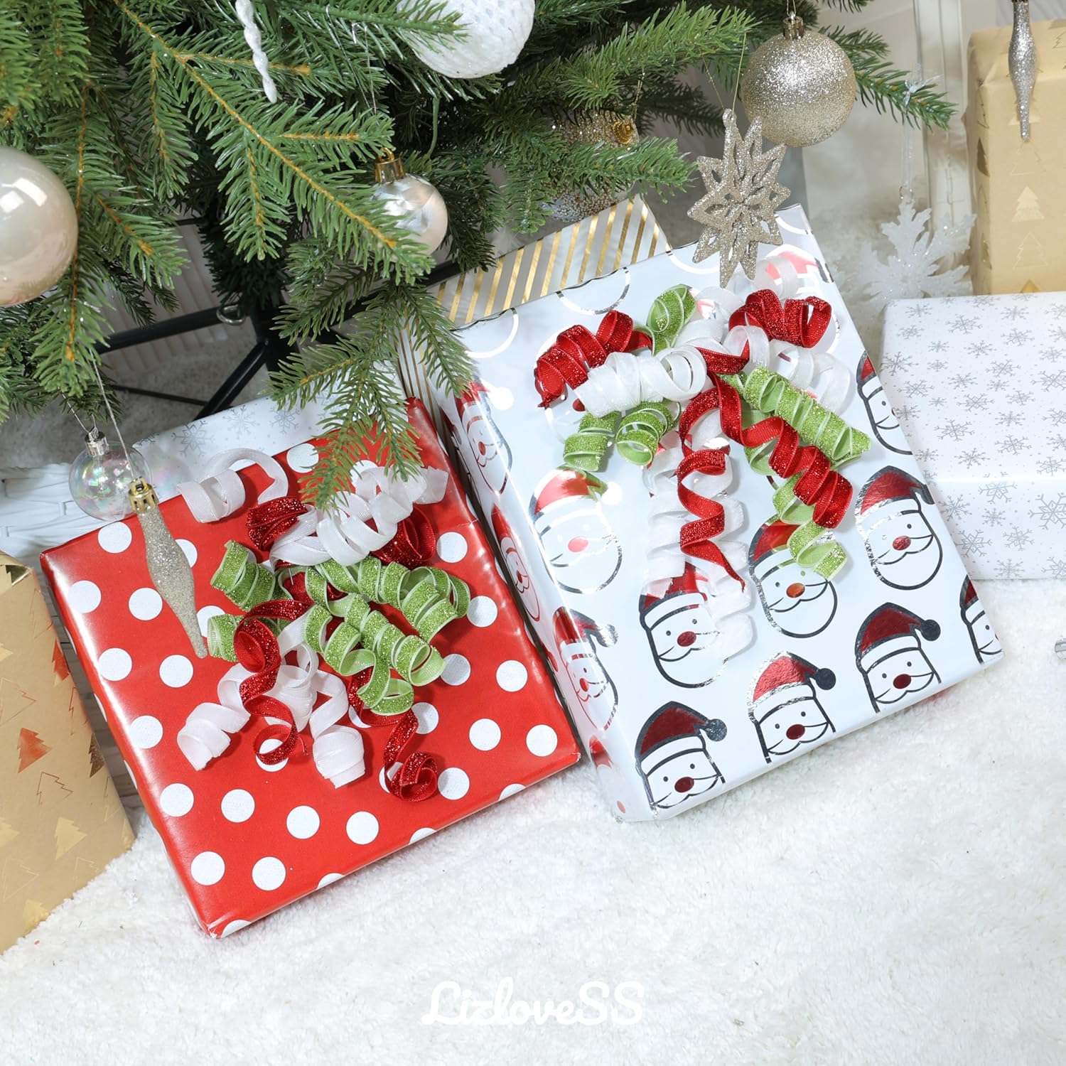 6" Metallic Glitter Red and Lime Green Self Adhesive Curly Ribbon Gift Wrap Bows for Christmas, Holiday, Birthday, Wedding, Presents, Party Favors Decorations 6-Count - Image 5