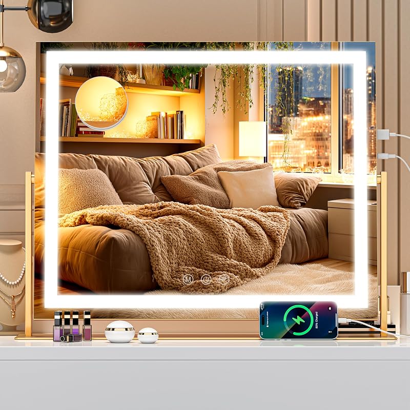 Espelho para maquiagem Batuso com iluminação LED, 60,96 cm x 50,8 cm, controle por toque, 3 cores de luz, intensidade ajustável, dourado