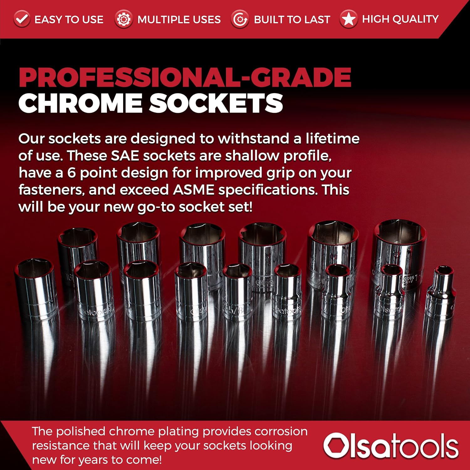 Olsa Tools SAE Shallow Socket Set - 1/2-Inch Drive, 18pc - 6-Point Chrome Sockets 3/8" to 1-1/4" and No Skipped Sizes - Mechanic Shallow SAE Socket Set - Professional Grade Sockets - Part: 1324