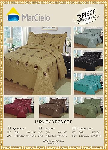 Miniatura 6 de MarCielo Juego de edredón bordado de 3 piezas ligero Emma (negro, California King)