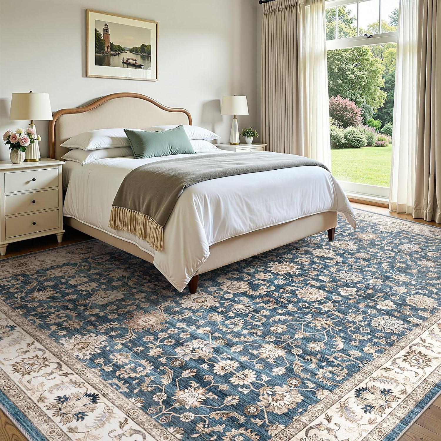 WITSHOCK 10x12 Area Rugs for Living Room: Machine Washable Non Slip Vintage Carpet - Low Pile Lightweight Print Rug for Bedroom Dining Room - Stain Resistant for Household - Pet Owners (Blue) image 3