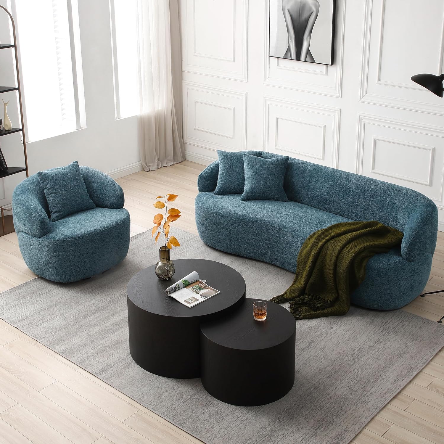 360° Swivel Barrel Chair, 35.04" Modern Curved Accent Single Sofa Chair, Boucle Fabric Barrel Sofa with Pillow for Living Room Bedroom Nursery Coffee Bar - Blue