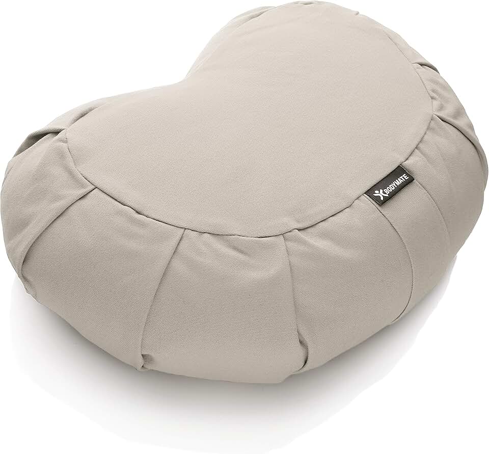 BODYMATE Cojín de yoga de media luna, 42 cm de largo, 30 cm de ancho y 15 cm de alto, con relleno de piel de trigo sarraceno, funda lavable a máquina, 100% algodón extragrueso, cojín de meditación