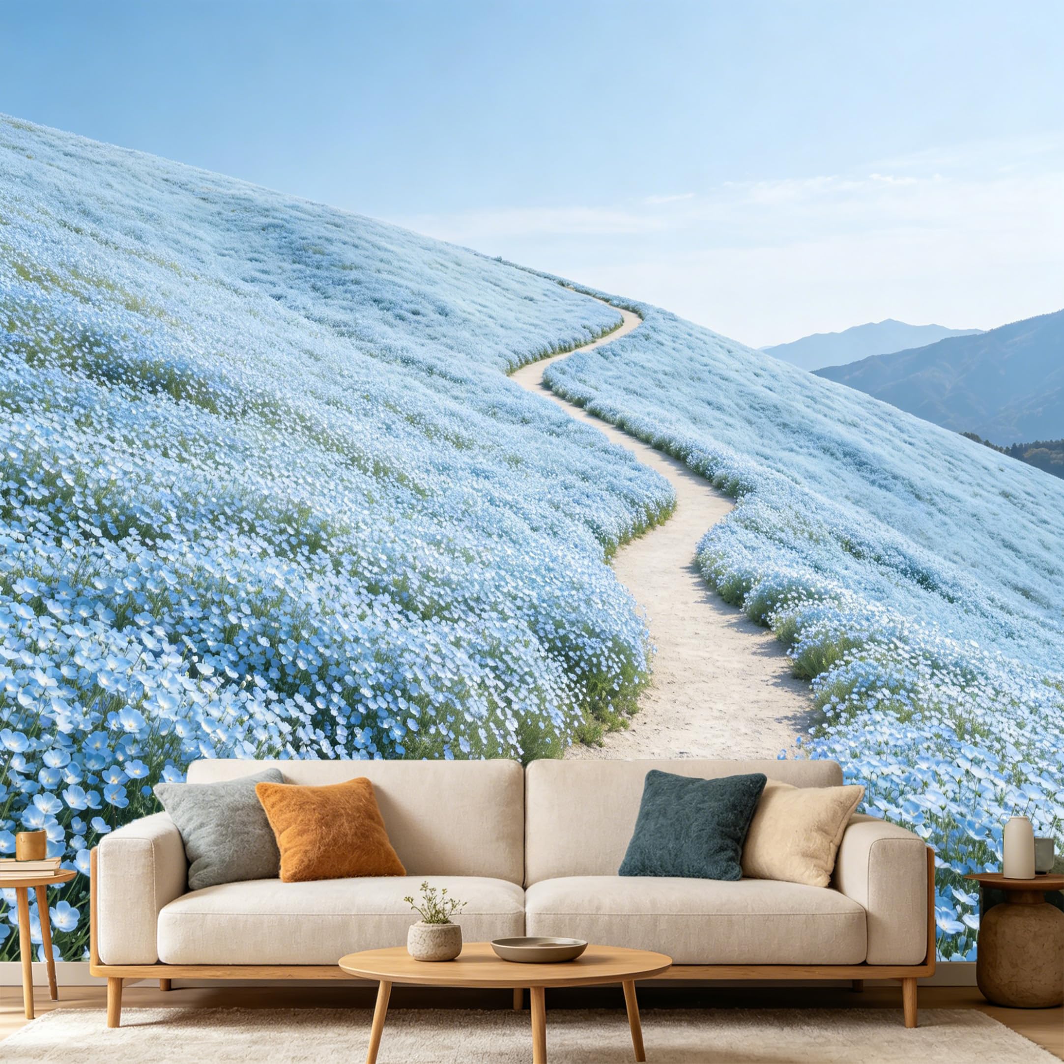 Custom Size Wall Mural Botanical Blue Flower Hill Meadow Landscape SelfAdhesive Art Prints wall Fabric（No PVC） Removable Wallpaper Home Bedroom Decor Nature Scenic View
