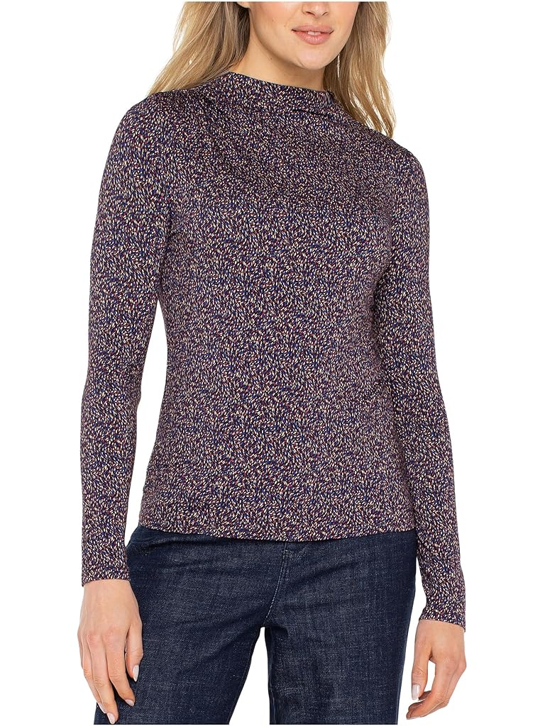 Purple Liverpool Los Angeles Long Sleeve Mock Neck Knit Top With Shirring