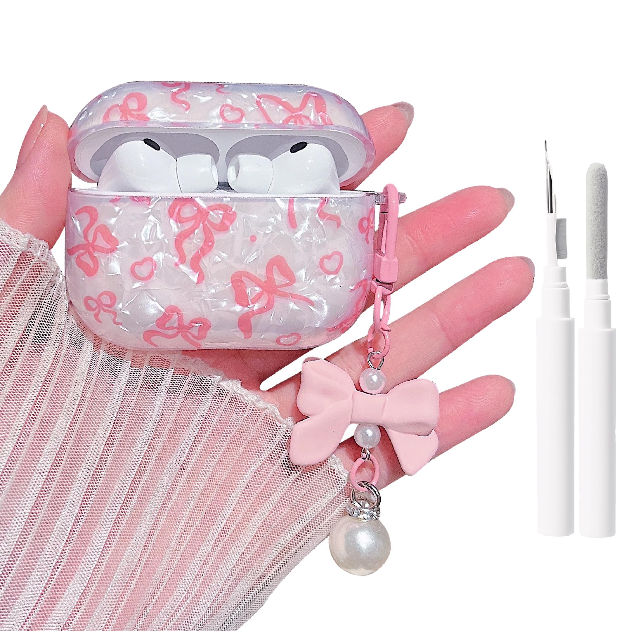 MINSCOSE for Cute Glitter AirPods Pro 3rd Generation Case (2025) with Cleaner Kit,Shell Pattern Bow Ribbon Trendy Design with Bowknot Pearl Keychain for Girls Women for Airpods Pro 3-Pink