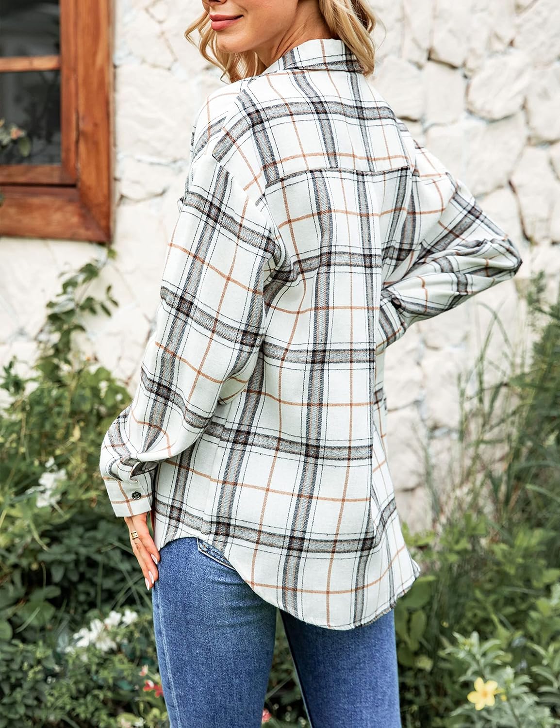 Zontroldy Womens Flannel Shirt Plaid Buffalo Long Sleeve Button Down Oversized Flannels Shirts Blouse Tops - Image 5