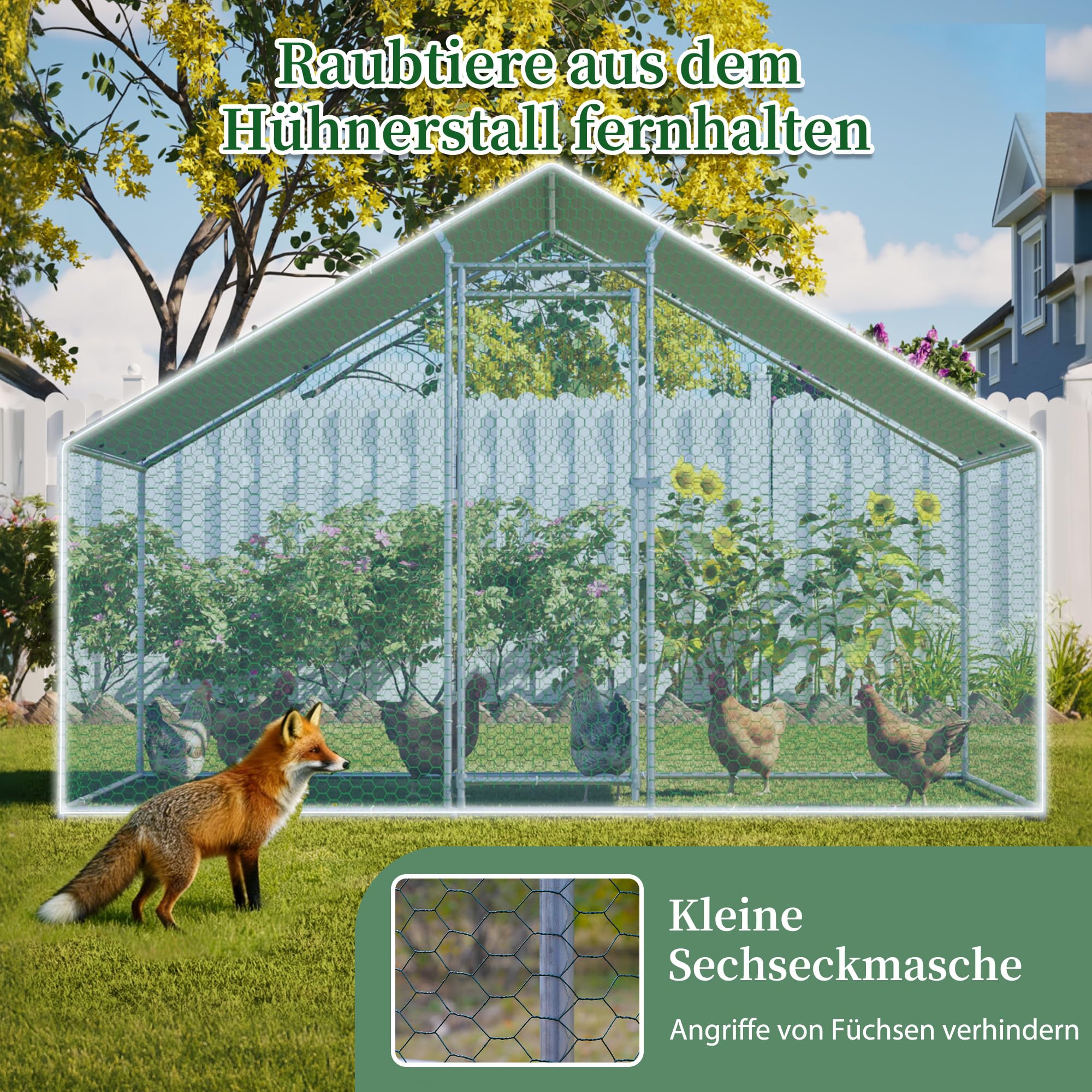 Hühnerstall Freilaufgehege 3x1,5x2m Wasserdicht PE-Plane Geneigtes Dach