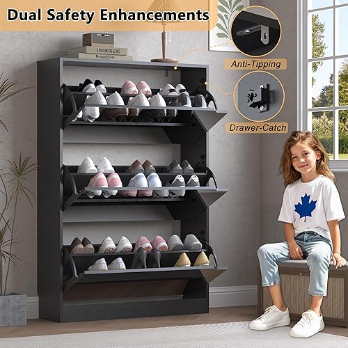 Miniatura 62 de Armario de almacenamiento de zapatos con 3 cajones abatibles, armario estrecho para zapatos, organizador independiente de almacenamiento para Negro