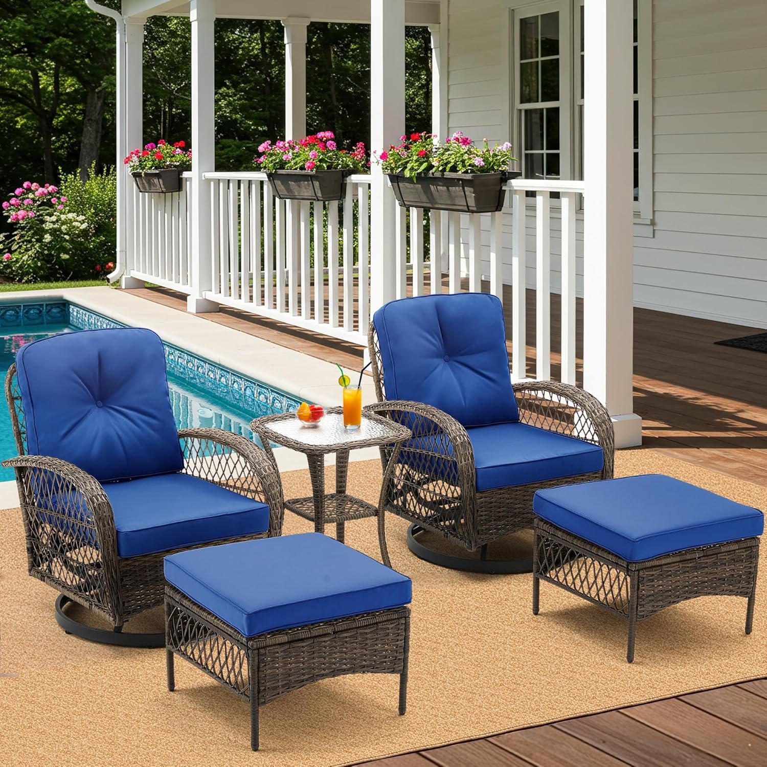 5 Pieces Patio Furniture Set Outdoor Swivel Rocker Patio Chairs with Ottomans Wicker Conversation Sets with Rocking Chair Thickened Cushions for Backyard Porch Balcony(Blue)