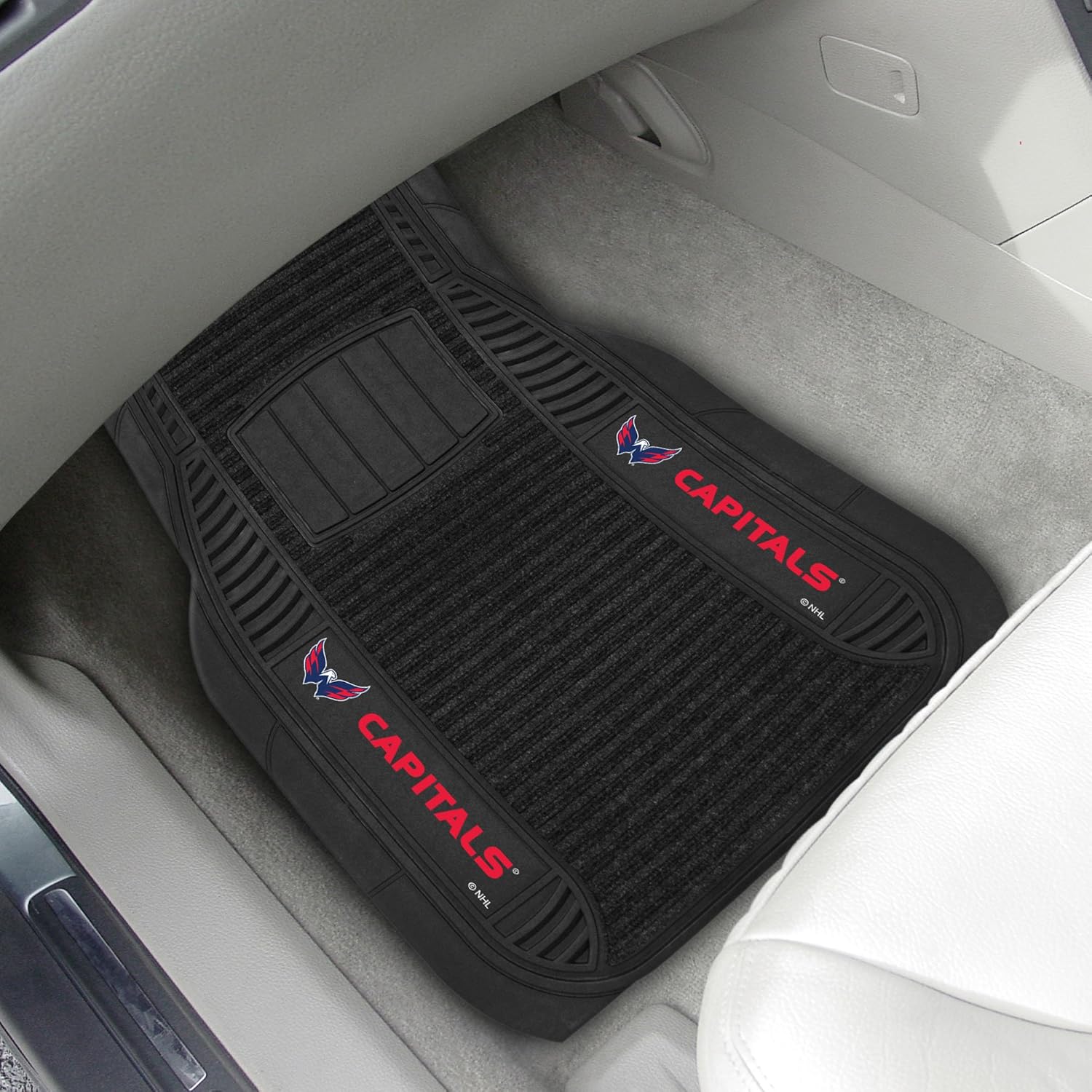 FANMATS 13859 Washington Capitals 2-Piece Deluxe Car Mat Set, Vinyl Trim and Colored Team Logo, Dual Rib Charcoal Carpet, Trimmable Edges