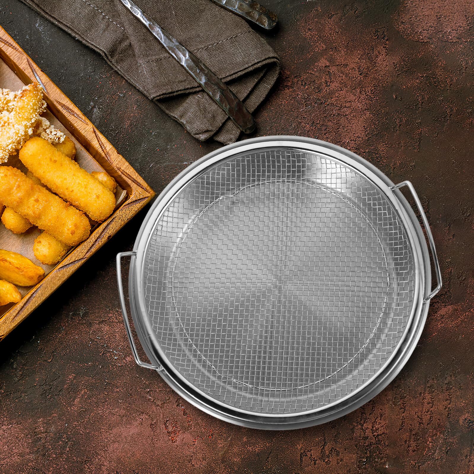 VANZACK Edelstahl Küchensieb mit Großem Fassungsvermögen und Abtropfschale Frittiersieb Satz zum Effizienten Abtropfen von Öl Beim Batch Cooking und Zubereiten Großer Mahlzeiten