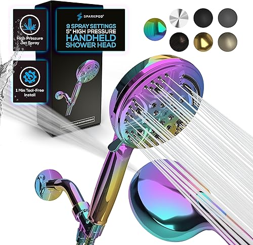 SparkPod Cabezal de ducha de 5 pulgadas con 9 ajustes de pulverización chorro de alta presión de mano con interruptor de encendidoapagado pausa y