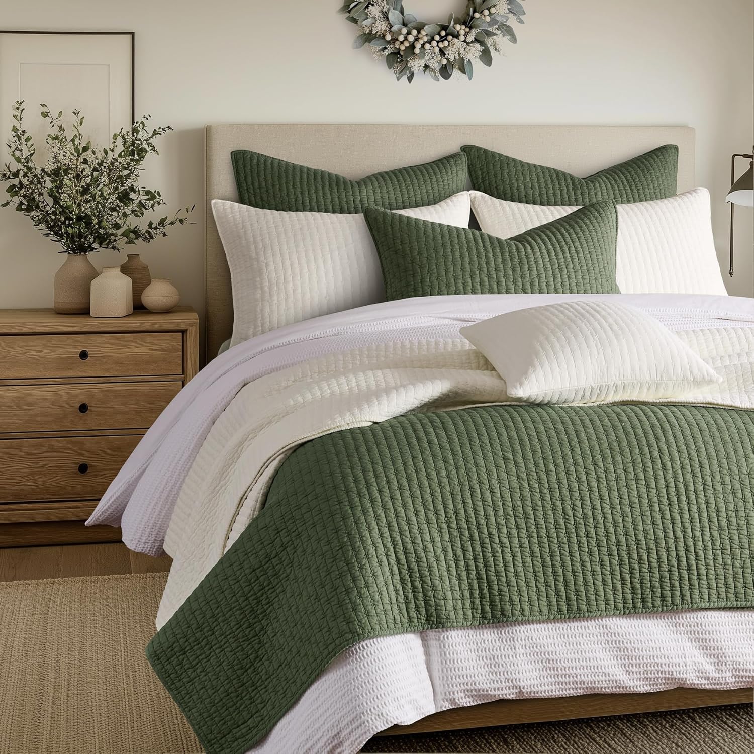 Levtex Home Cross Stitch Reversible Full/Queen Quilt Set (88x92in) and 2 Pillow Shams (26x20in) - Stitch Texture - Forest Green - Cotton Full/Queen Size Quilt Bedding Set - Lightweight Soft Pre-Washed - Image 2