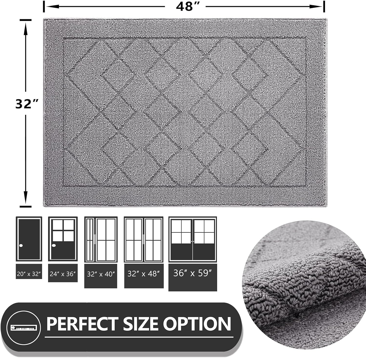 refetone indoor doormat, front back door mat 32"x48" rubber backing non slip mats, absorbent washable entrance doormat for entryway, resist dirt low-profile inside floor mat for muddy shoes light grey 2'8" x 4' (rectangular) big plaid light grey
