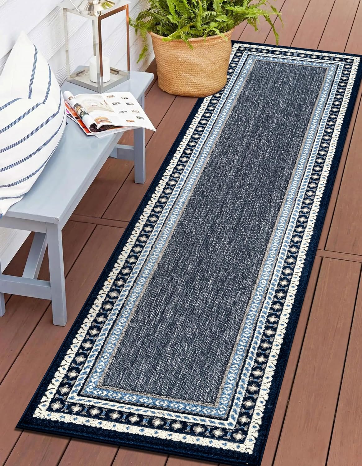 Rugshop Indoor/Outdoor High-Low Textured Runner Rug, Coastal Border, Easy-Clean Patio Rug for Porch Deck Balcony 2' x 7' Navy