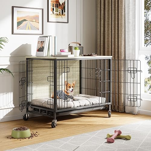 Miniatura 3 de Mueble de jaula para perros de 38.6 pulgadas, perrera de interior con puertas dobles, ruedas y bandeja extraíble, mesa auxiliar moderna para perros