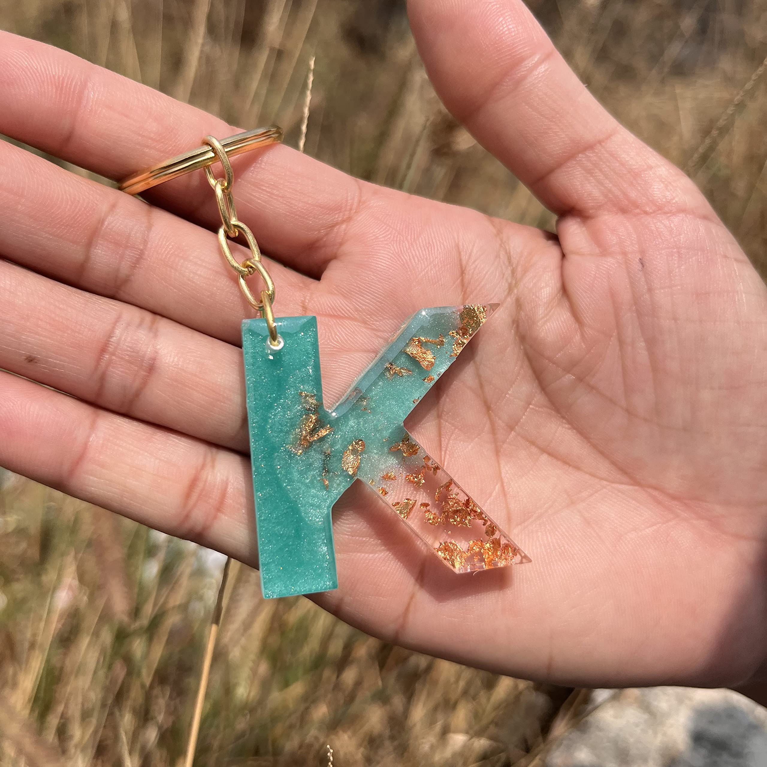 UniQ CreationFoil Design Resin Keychain Resin Alphabet Initial Letter Keychain Key Ring for Men Women Girls Purse Handbags | Turquoise |Copper | CJ-6XKY-13HC_New