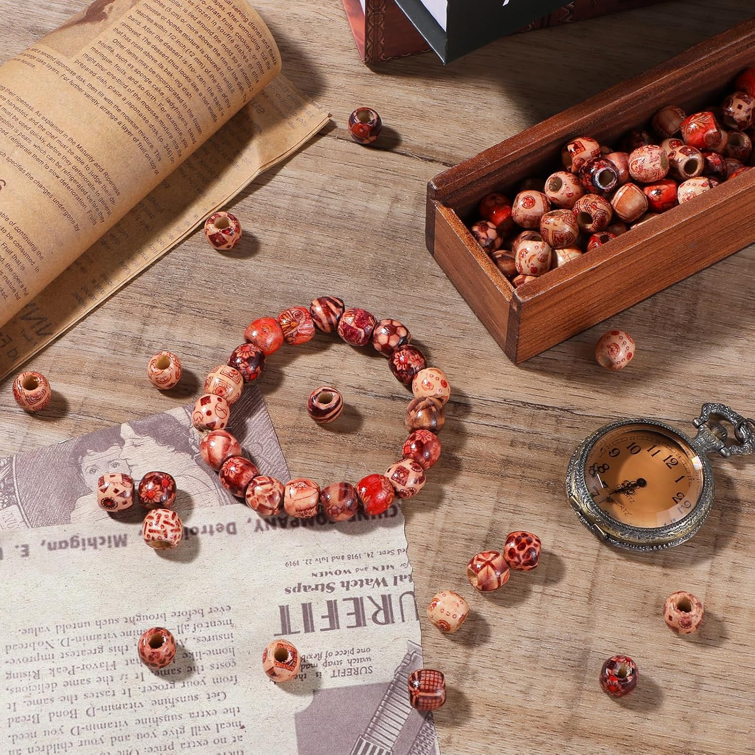 200 Pcs Painted Wooden Hair Beads, Round Loose Wooden Bead for Braids, Various Patterns Wood Balls Beads Wood Spacer Beads Macrame Beads for DIY Necklace Bracelet Hair Making