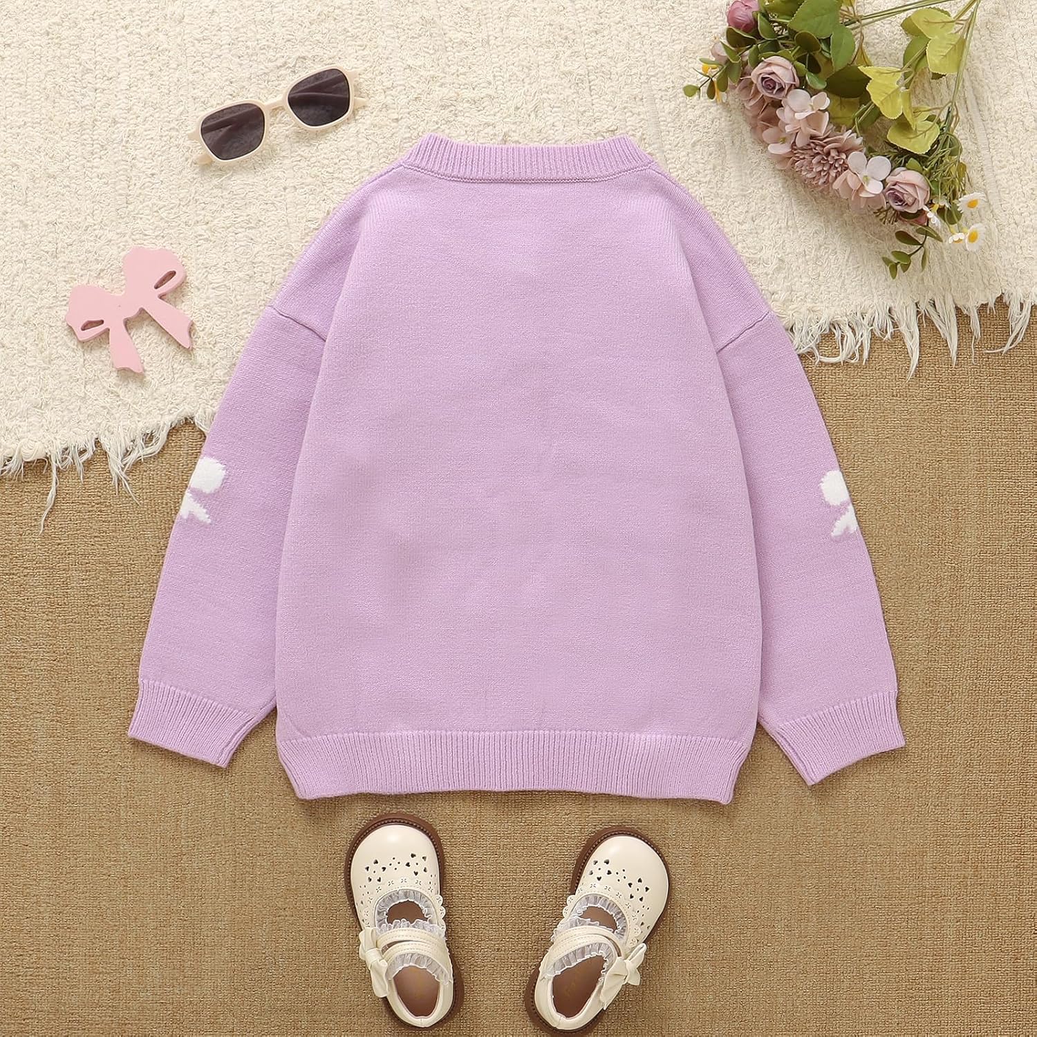 Girls Cute Bow Knitted Open Front Cardigan Button Up Oversized Sweater Outerwear - Image 3