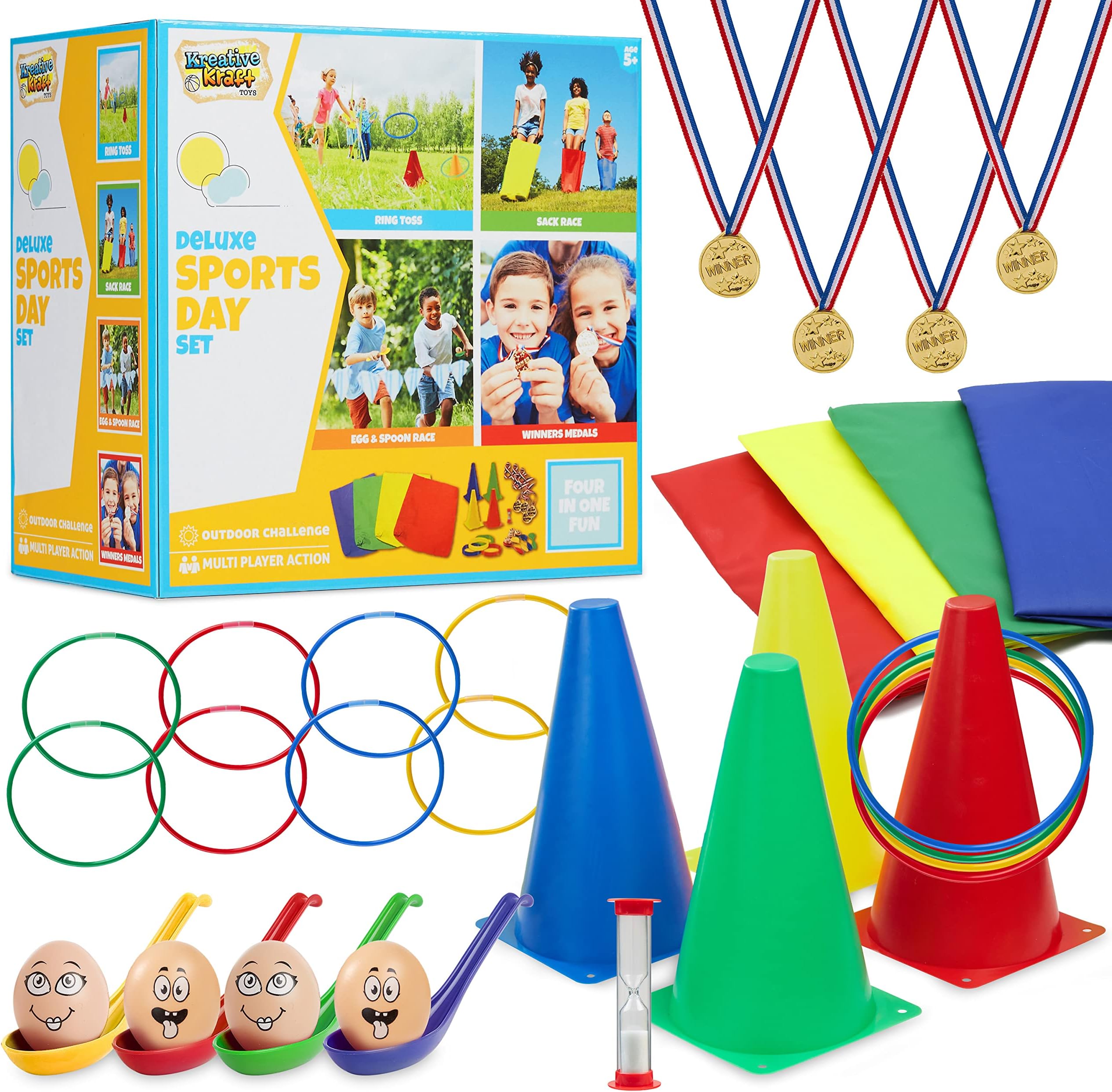KreativeKraft Kids Games Outdoor Play Equipment for Kids Adults Family Garden Toys Sports Day Kit Egg and Spoon Race Ring Toss Sack Race Bean Bag Snakes and Ladders