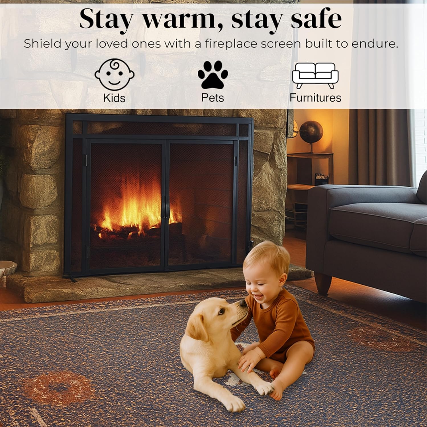 Plow & Hearth Metal Fireplace Screen Mesh Black | 44" W x 33" H | Dual Magnetic Hinged Doors | Spark Guard Cover | Stand Alone Wrought Iron Panel Fire Place Cover