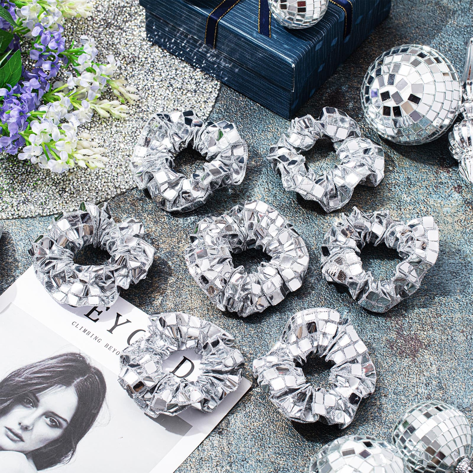 Lyrow Haargummis mit Discokugeln, Pailletten, metallisch, Haargummis, Pferdeschwanz-Halter, Handgelenkbänder, Discokugel-Kopfschmuck, 70er-Jahre-Stil, Disco-Haarschmuck für Mädchen und Frauen,