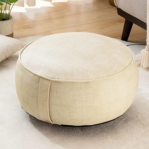 LUE BONA Puf otomano de relleno puf redondo de piel sintética puf de suelo beige otomano con relleno inflable funda marroquí para reposapiés para