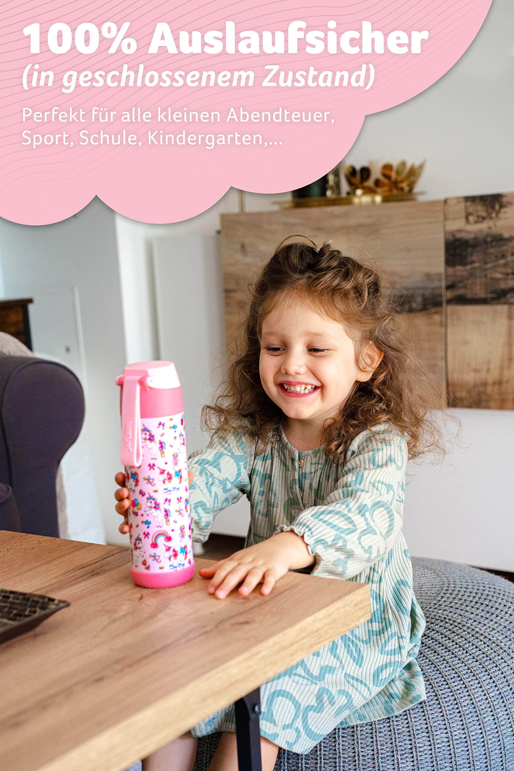 Jarlson® Trinkflasche Kinder Edelstahl MALI [THERMOSFLASCHE] - Kindertrinkflasche Auslaufsicher - Thermoskanne Kohlensäure geeignet - Thermo Trink Flasche für Schule & Kindergarten (500ml, Einhorn)