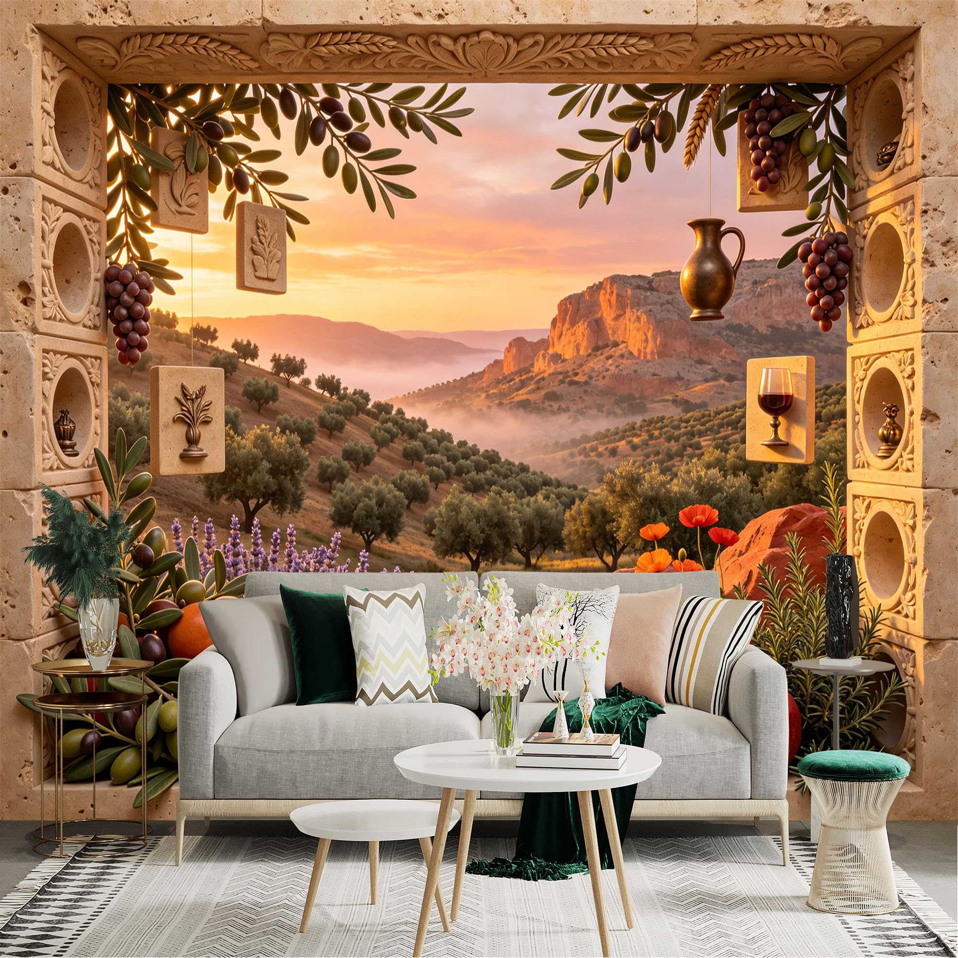 Lnzczhyre Bh260719328 Custom Size Wall Sticker Mural， Mediterranean Window View， Sunset Landscape With Fruit， Olives And Pomegranates， For Wall Decoration， Peelandstick Wall Decals.