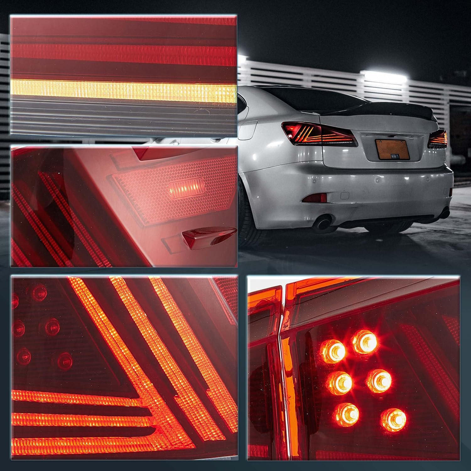 VLAND Tail lights Assembly Fit for Lexus IS 2nd Gen 2006-2012 Lexus IS250, IS350, IS220d, 2008-2015 ISF 4-Door, with Startup Animation, Red