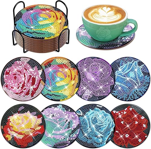 8 posavasos coloridos de diamantes con base de corcho y soporte, kits de posavasos para adultos y regalos