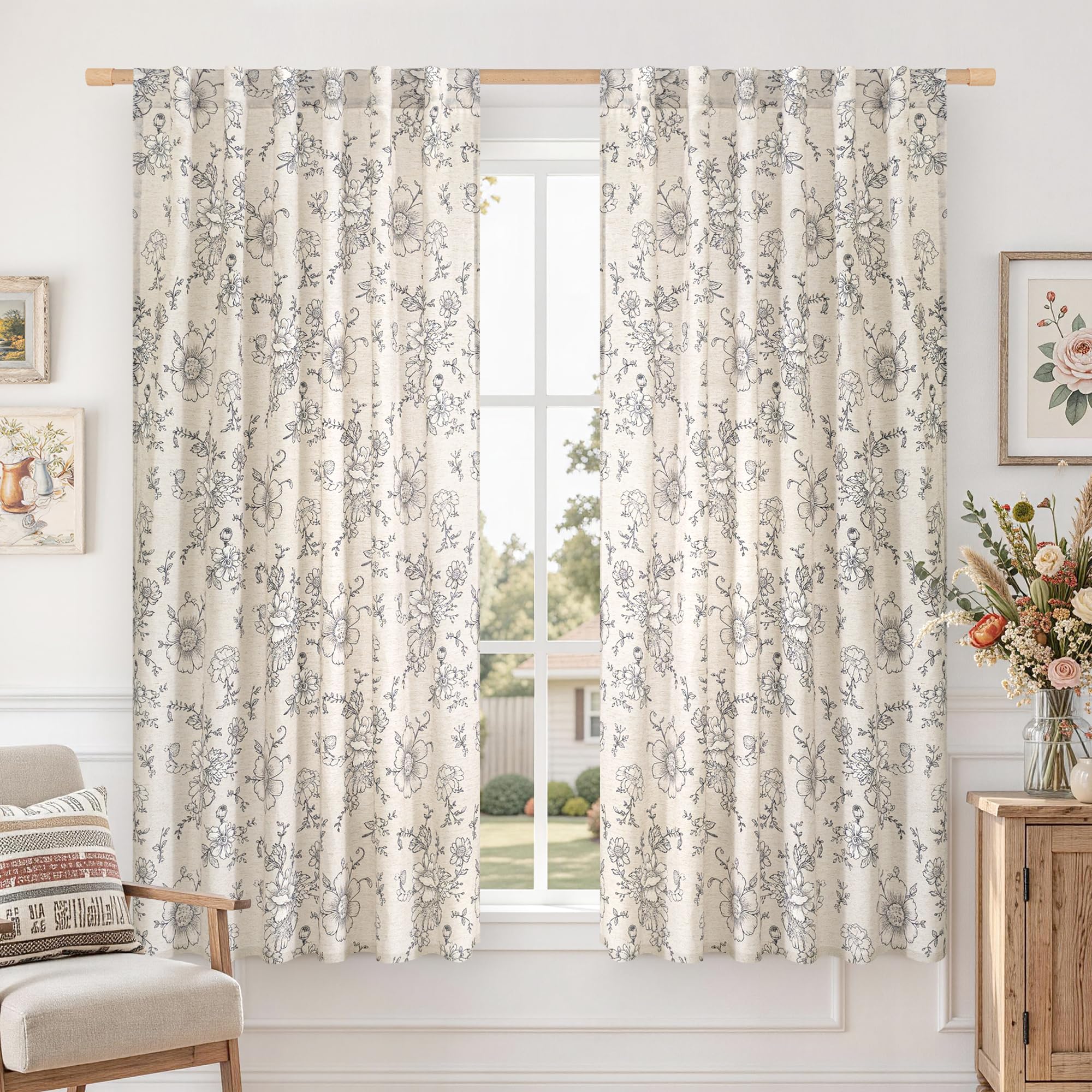 Vintage Floral Linen Curtains - 84 Inch Panels -28