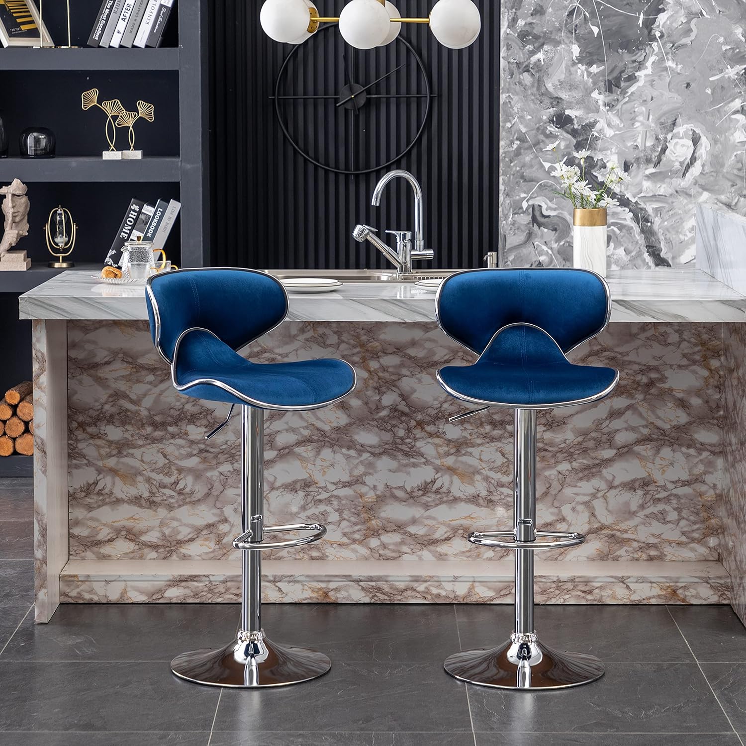Vina Velvet Upholstered Adjustable Swivel Barstool, Set of 2, Blue