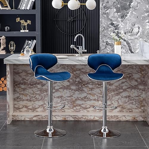 Vina Velvet Upholstered Adjustable Swivel Barstool, Set of 2, Blue
