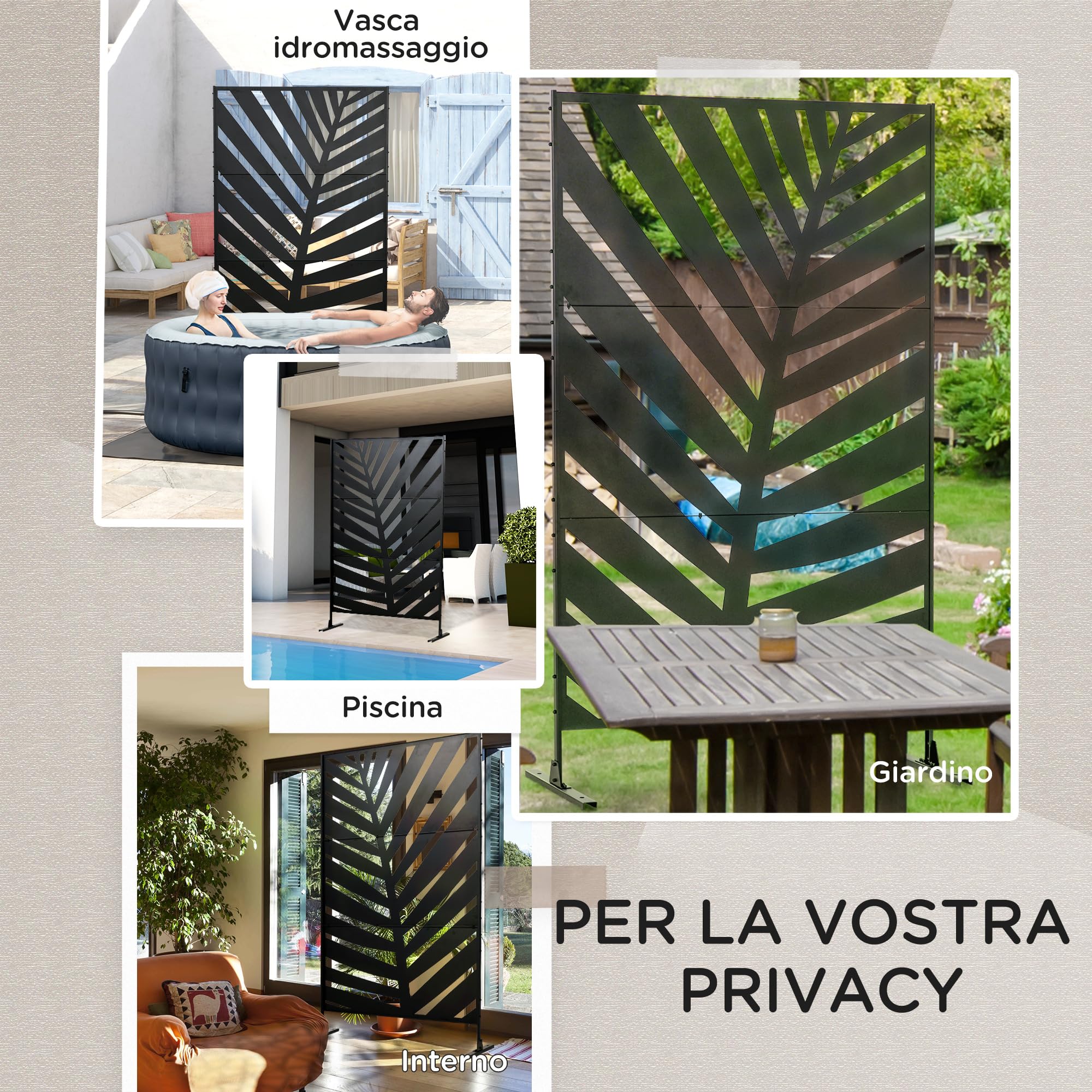 Outsunny Pannello Privacy Esterno in Metallo 122x198 cm Foglia di Banana | Divisorio Decorativo da Esterno con Supporto e Viti di Espansione, Pannello Autoportante, Giardino Terrazza Piscina
