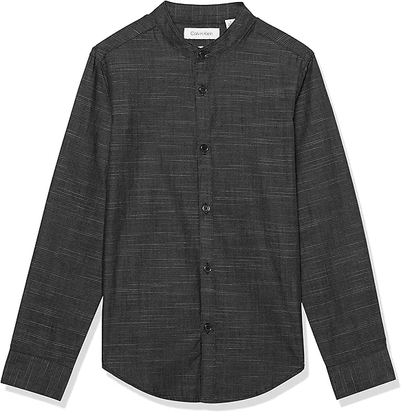 Calvin Klein Boy's Long Sleeve Slub Dress Shirt, Button-down Style with Banded Collar, Cuffs & Shirttail Hem