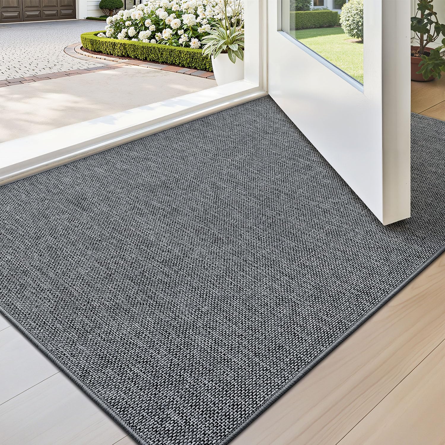 LUMI Ultra Thin Door Mat for Entryway, Low Profile Non Slip Rubber Backing Indoor Doormat, Easy Clean Welcome Entrance Mat for Inside House, Patio, Dark Grey, 60 x 90 cm
