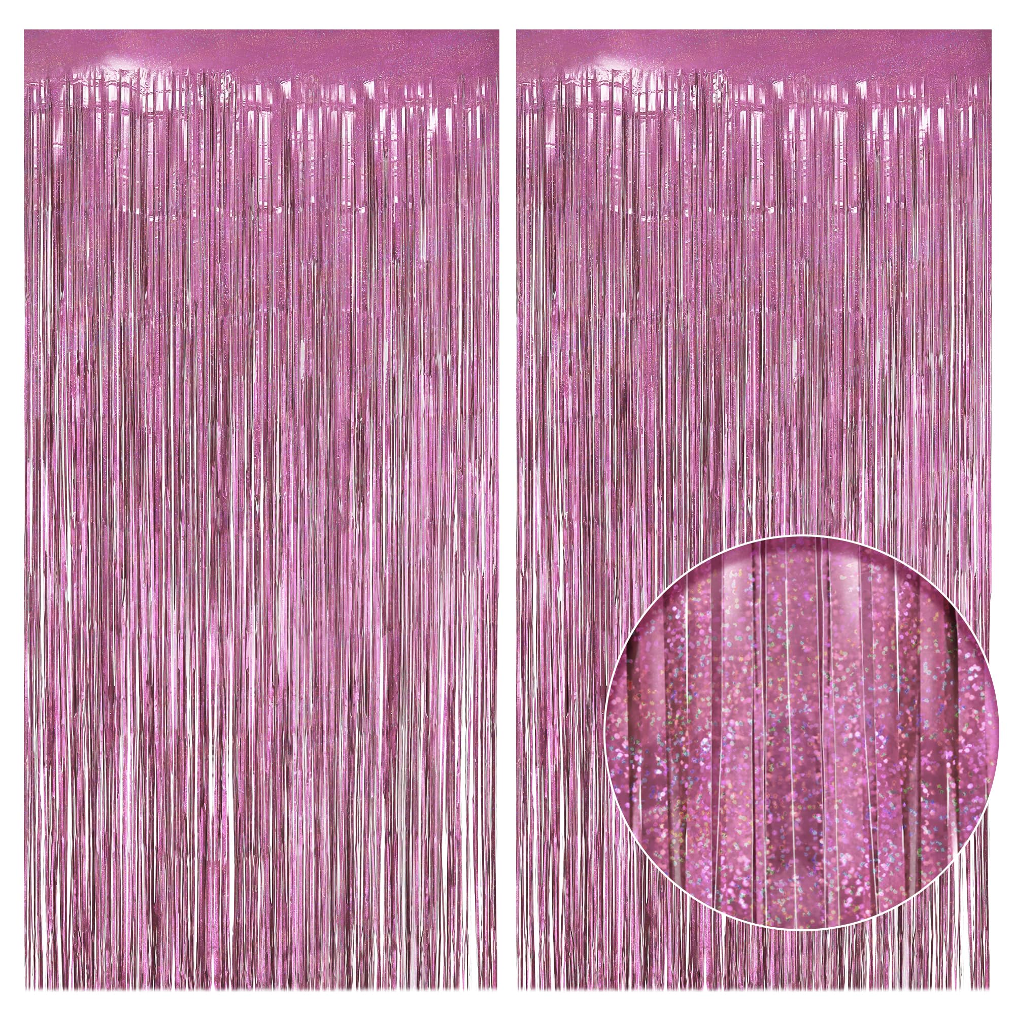 2 Pack Holographic Pink Fringe Backdrop, 3.2x8.2ft Shining Foil Tinsel Curtains, Birthday Party Decorations Door Streamers for Halloween, Christmas,