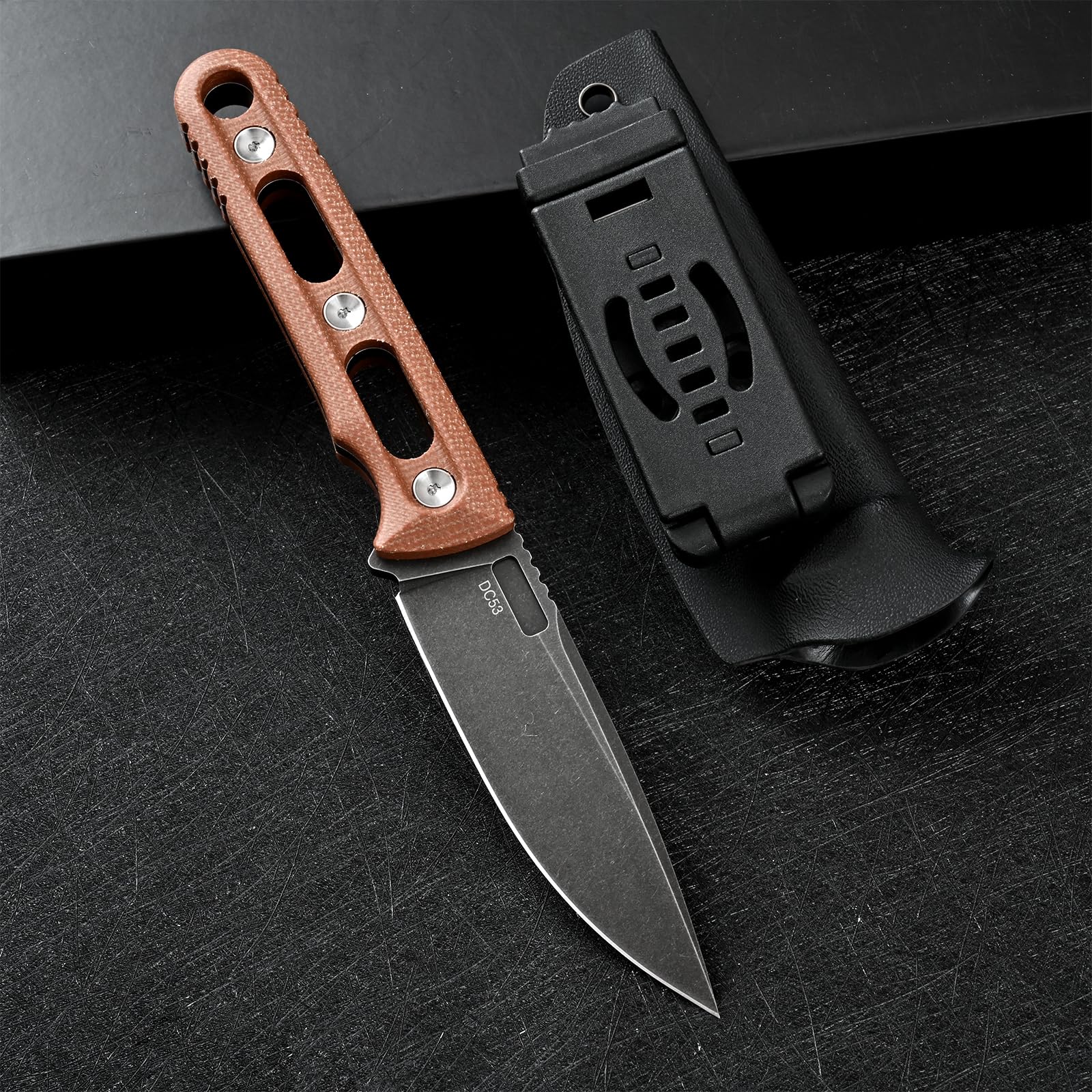 DC53 Stahl messer Feststehende Klinge mit Kydex Scheide Micarta Griff Jagdmesser für Männer EDC Camping Survival Outdoor (Schwarze Steinwäsche + braune Griffe)