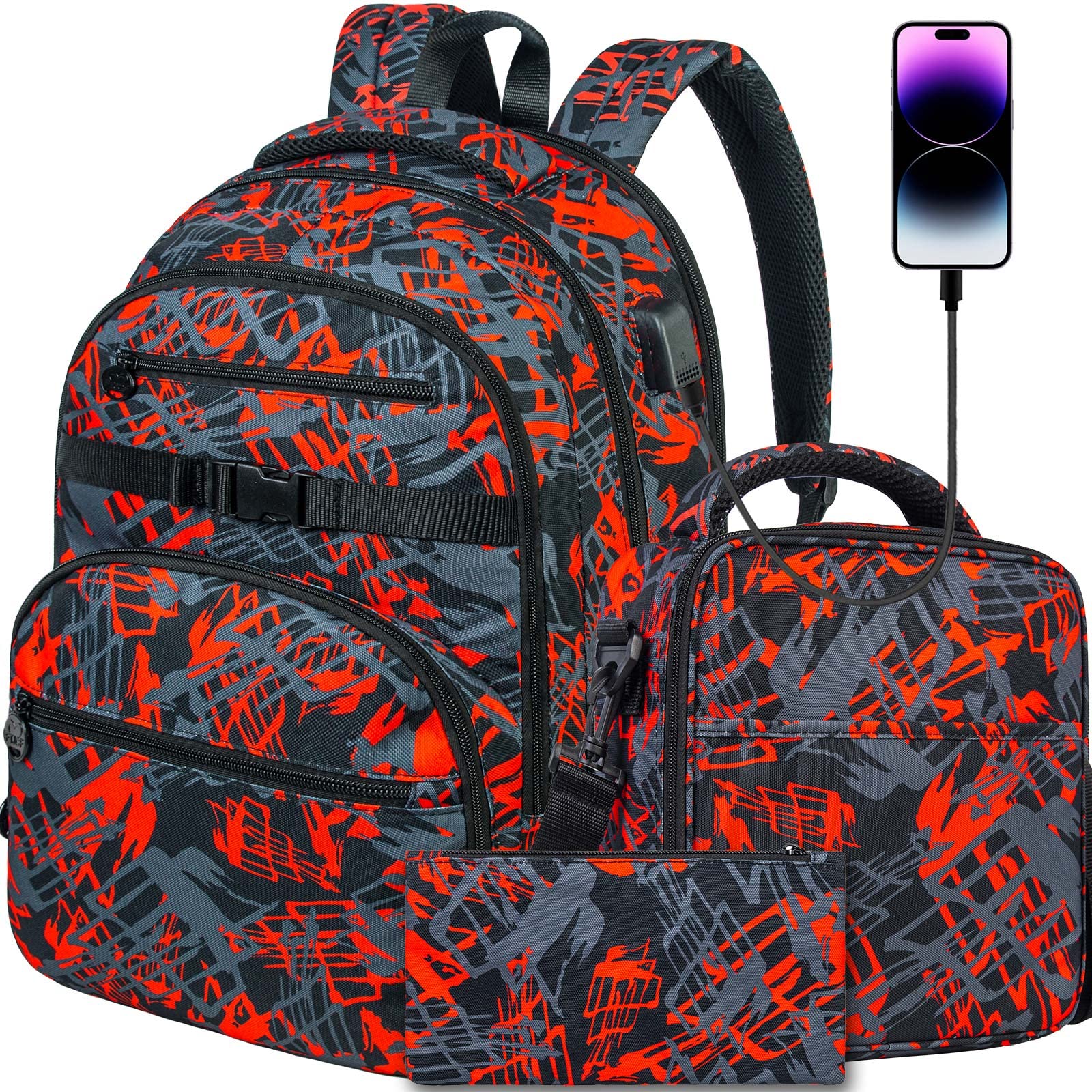 ZLYERT3Pcs Backpack for Girls Boys, 17 Inch School Bookbag with Lunch Box, Durable Laptop Backpacks Set for Teens College