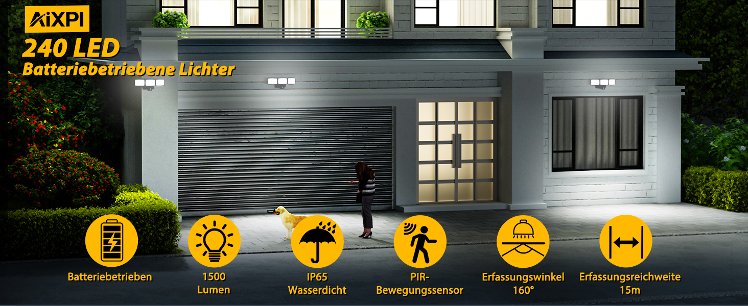 AIXPI Bewegungsmelder-Außenlampe – Batteriebetrieben, 240 LEDs, 1500 Lm, IP65 Wasserdicht – Kabelloser Strahler Für Garten, Hof & Garage