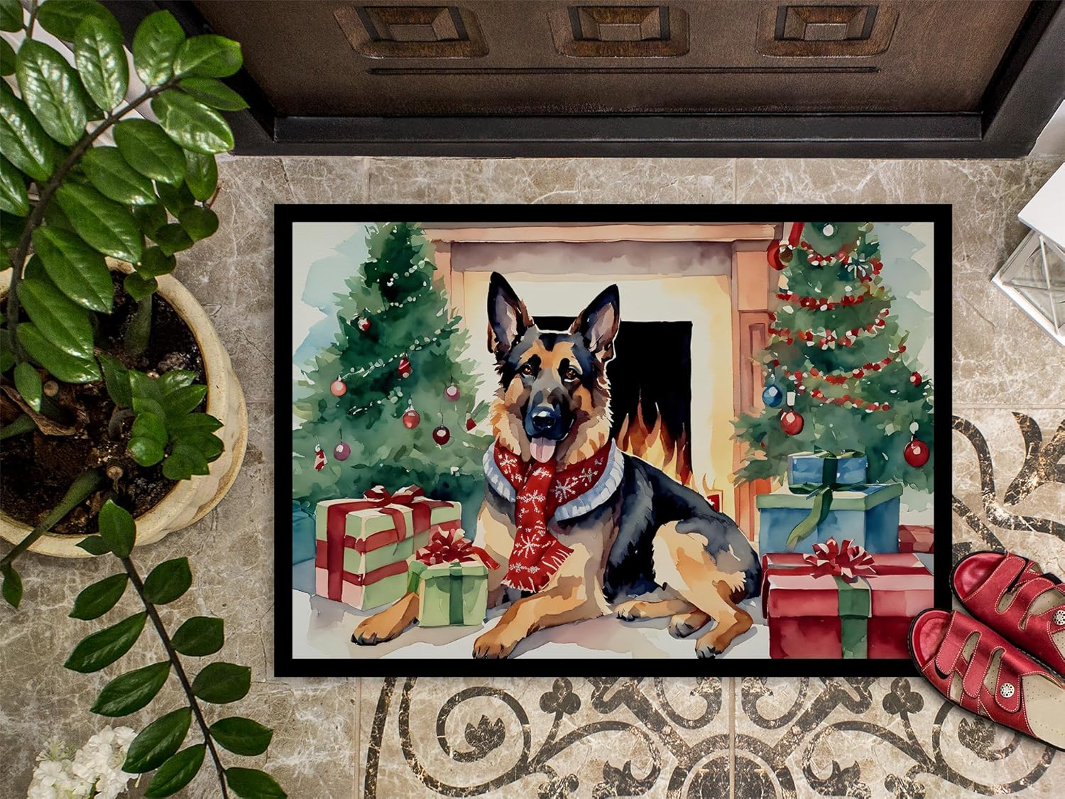 Caroline's Treasures DAC2662JMAT German Shepherd Cozy Christmas Doormat Front Door Mat Indoor Outdoor Rugs for Entryway, Non Slip Washable Low Pile, 24H X 36W